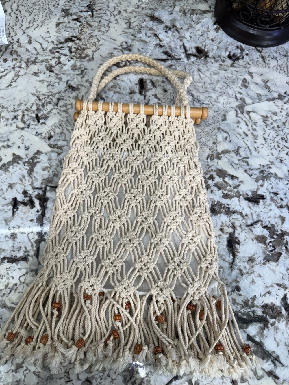 Boho Cream Macramé Mini Bag with Wooden Bead Accents